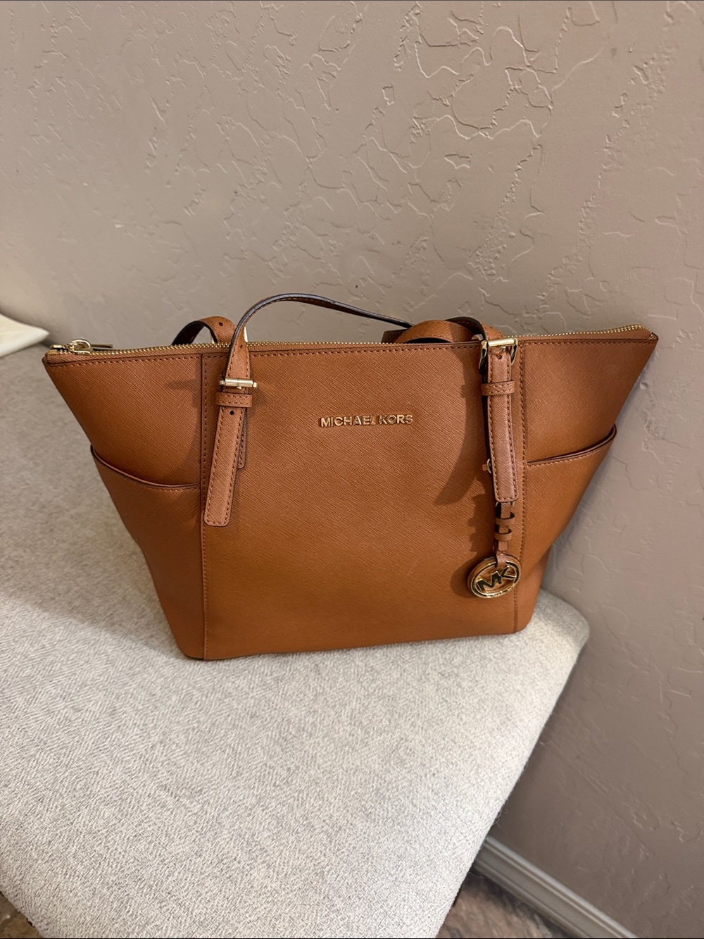 Michael Kors Cognac Leather Tote with Logo Charm